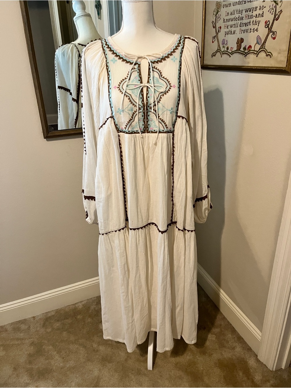 Embroidered off White Boho Maxi Dress with Aqua Accents. Super cute!